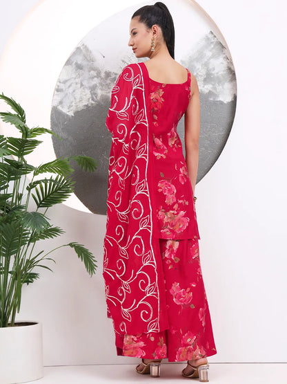 Red Floral Straight Silk Blend Sleeveless Kurta Palazzo Dupatta Set