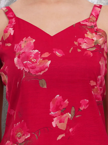 Red Floral Straight Silk Blend Sleeveless Kurta Palazzo Dupatta Set