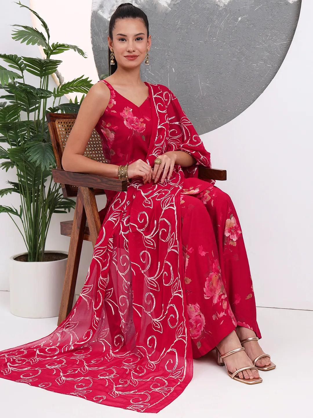 Red Floral Straight Silk Blend Sleeveless Kurta Palazzo Dupatta Set