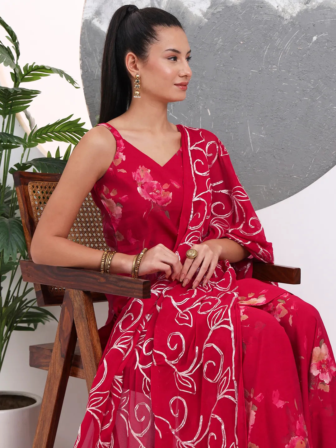 Red Floral Straight Silk Blend Sleeveless Kurta Palazzo Dupatta Set