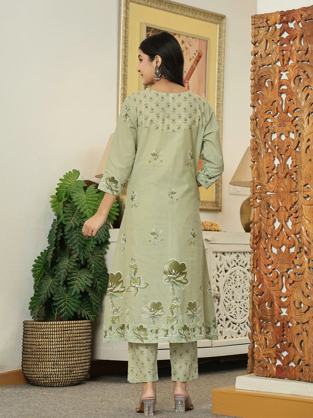 Green Floral Print Pure Cotton Kantha Work A-Line Kurta Trouser Dupatta Set