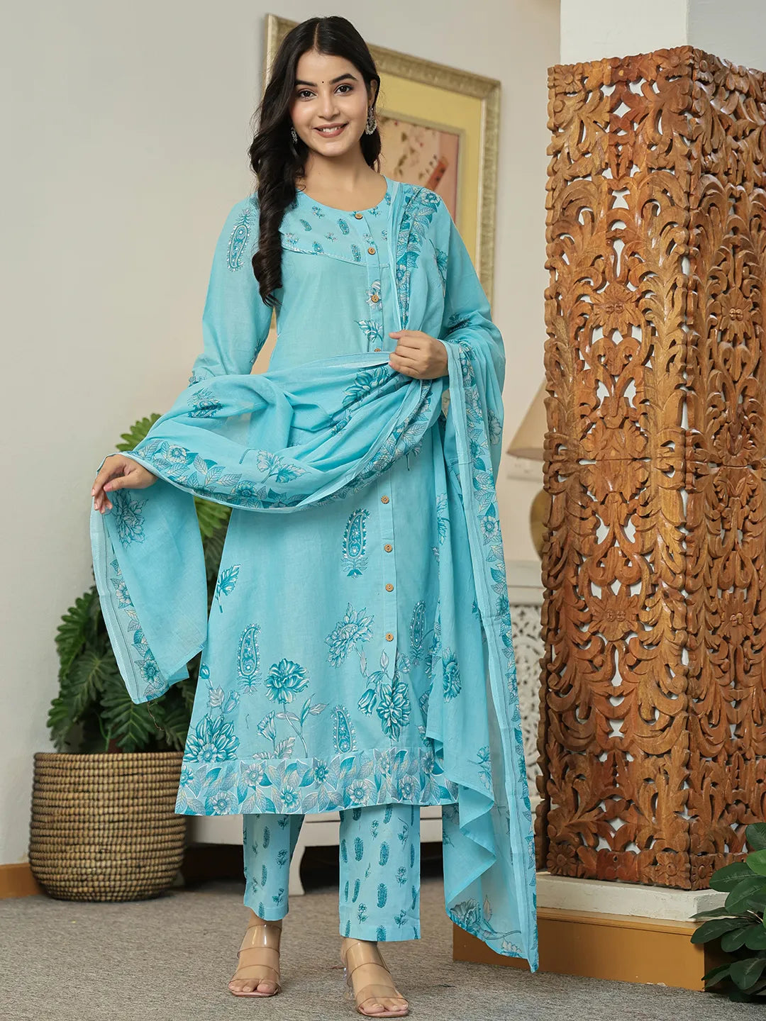 Sky Blue Floral Print Pure Cotton Kantha Work A-Line Kurta Trouser Dupatta Set