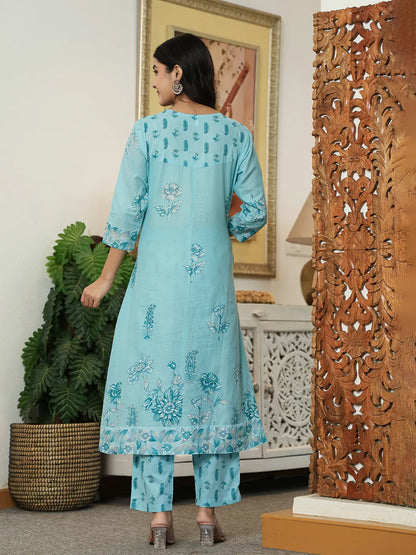 Sky Blue Floral Print Pure Cotton Kantha Work A-Line Kurta Trouser Dupatta Set