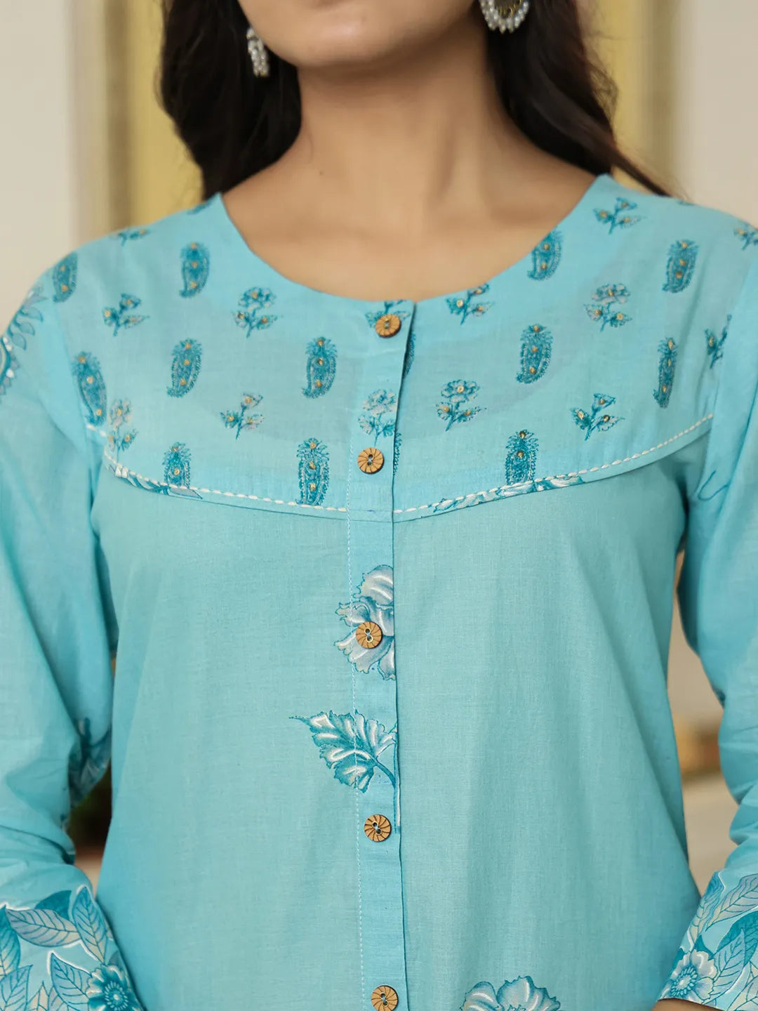 Sky Blue Floral Print Pure Cotton Kantha Work A-Line Kurta Trouser Dupatta Set