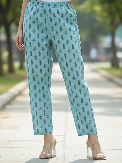 Sky Blue Floral Print Pure Cotton Kantha Work A-Line Kurta Trouser Dupatta Set