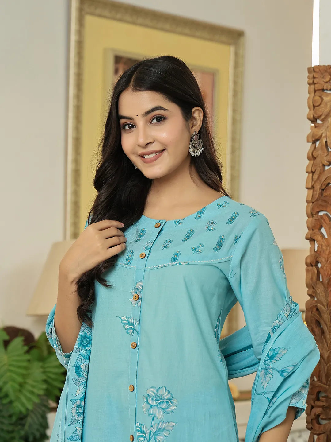 Sky Blue Floral Print Pure Cotton Kantha Work A-Line Kurta Trouser Dupatta Set