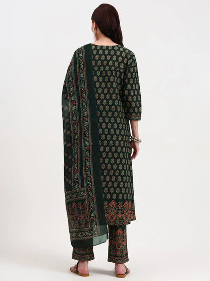 Green Pure Cotton A Flared Kurta Set With Pant And Dupatta