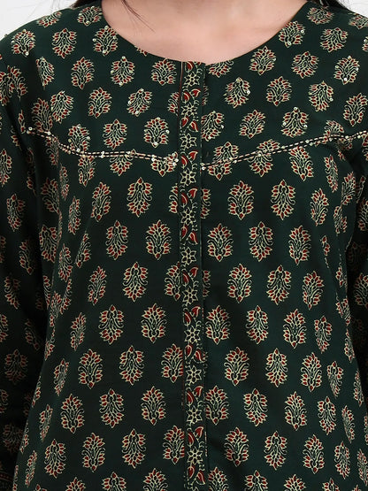 Green Pure Cotton A Flared Kurta Set With Pant And Dupatta