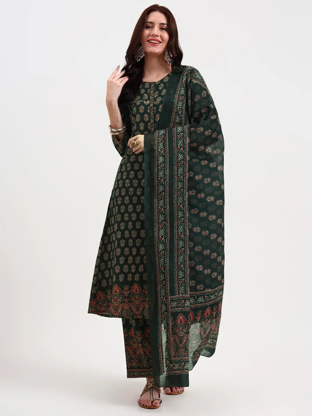 Green Pure Cotton A Flared Kurta Set With Pant And Dupatta