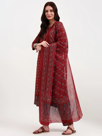 Rust Pure Cotton A Flared Kurta Set With Pant And Dupatta