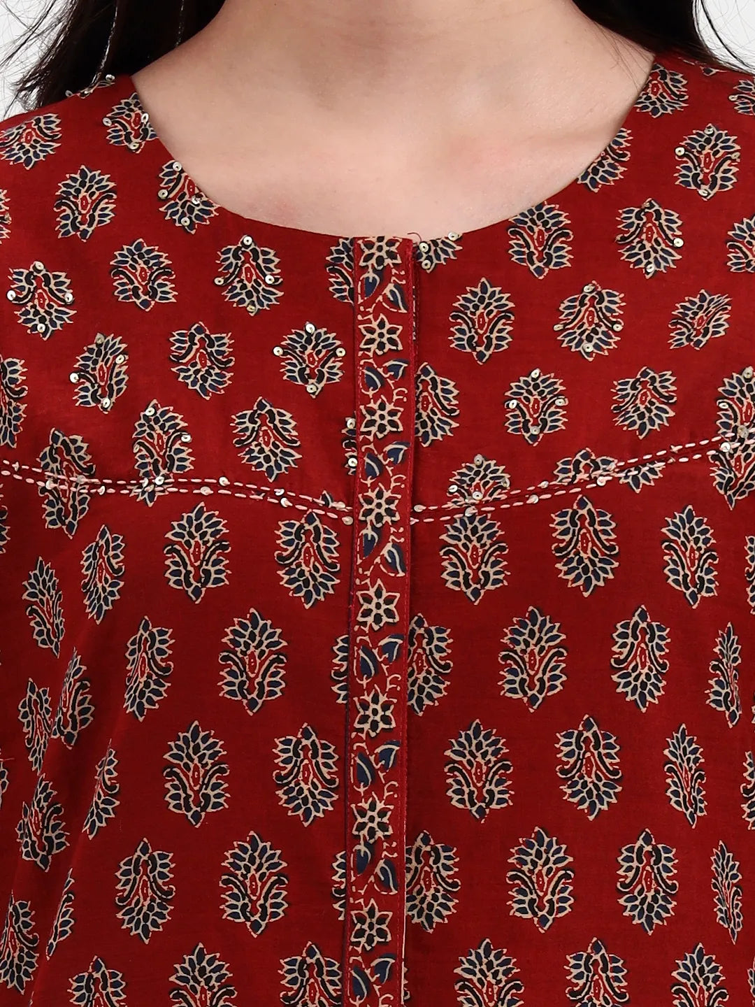 Rust Pure Cotton A Flared Kurta Set With Pant And Dupatta