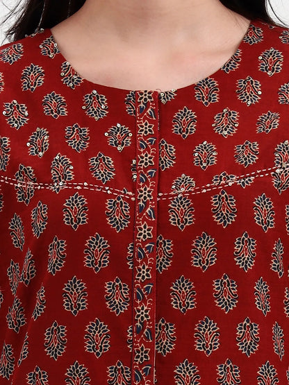 Rust Pure Cotton A Flared Kurta Set With Pant And Dupatta