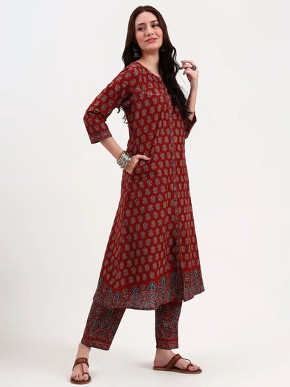 Rust Pure Cotton A Flared Kurta Set With Pant And Dupatta