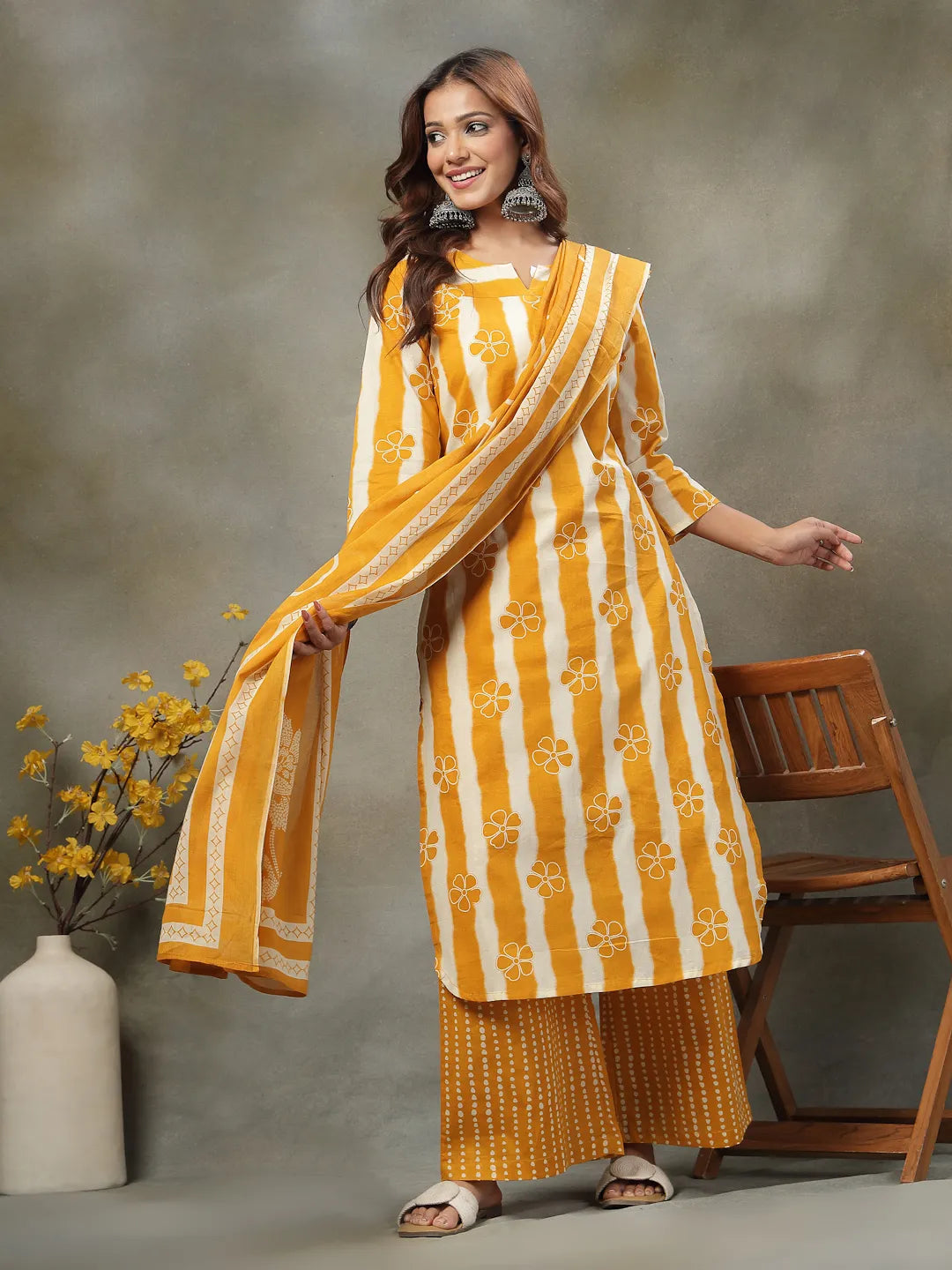 Mustard Floral Print Cotton Straight Kurta Palazzo Dupatta Set