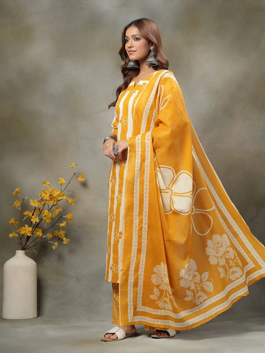 Mustard Floral Print Cotton Straight Kurta Palazzo Dupatta Set