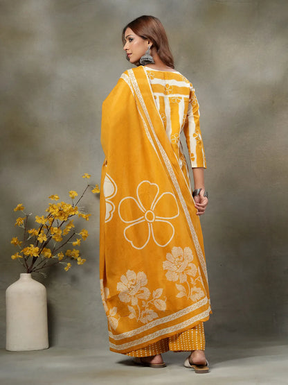 Mustard Floral Print Cotton Straight Kurta Palazzo Dupatta Set
