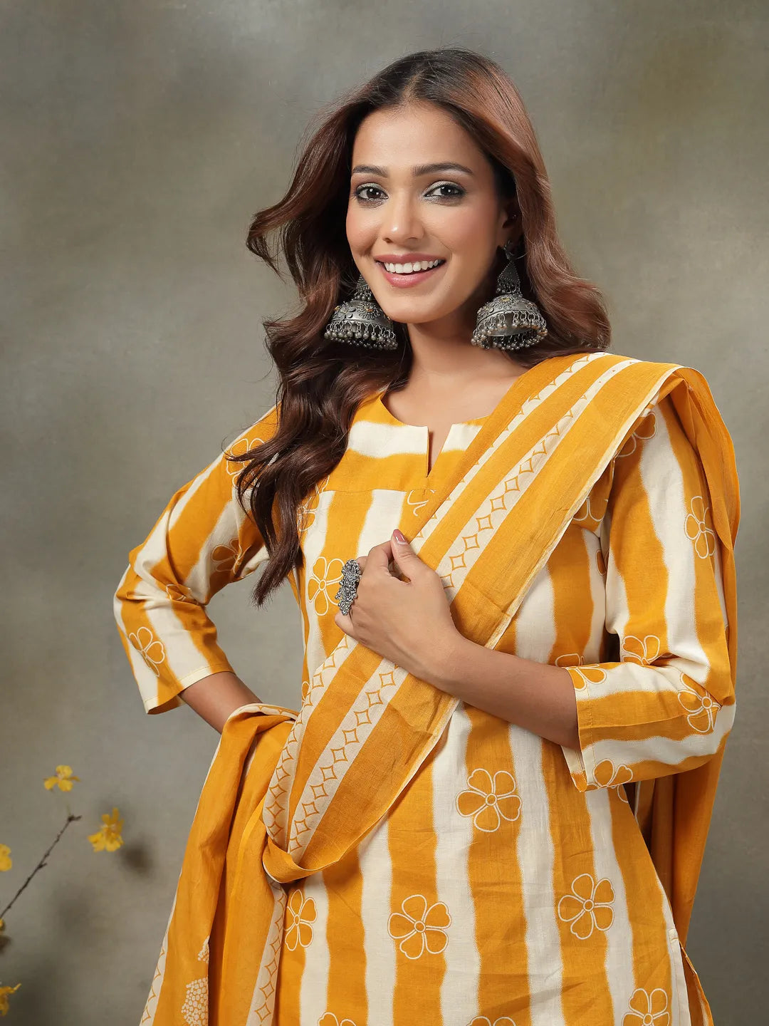 Mustard Floral Print Cotton Straight Kurta Palazzo Dupatta Set