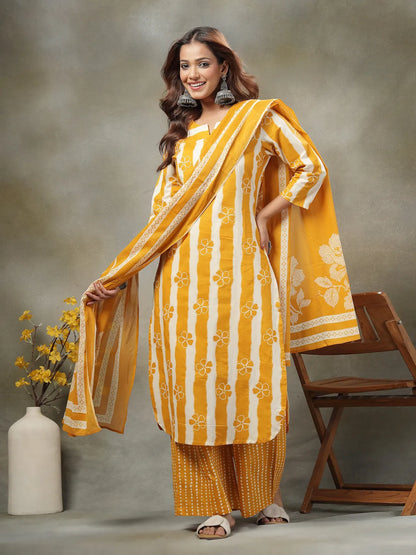 Mustard Floral Print Cotton Straight Kurta Palazzo Dupatta Set