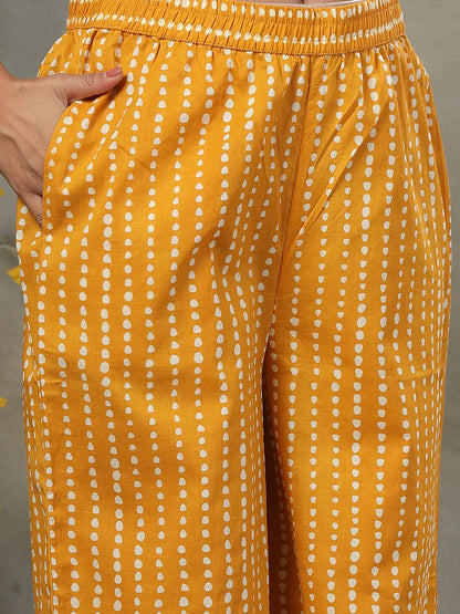 Mustard Floral Print Cotton Straight Kurta Palazzo Dupatta Set