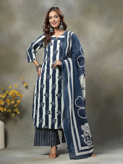 Navy Blue Floral Print Cotton Straight Kurta Palazzo Dupatta Set