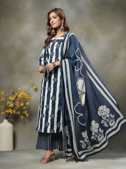 Navy Blue Floral Print Cotton Straight Kurta Palazzo Dupatta Set