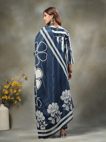 Navy Blue Floral Print Cotton Straight Kurta Palazzo Dupatta Set