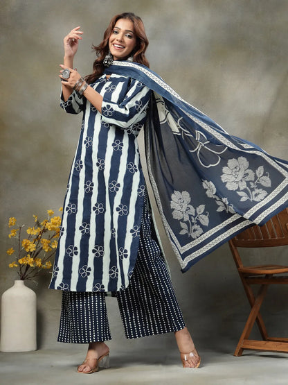 Navy Blue Floral Print Cotton Straight Kurta Palazzo Dupatta Set