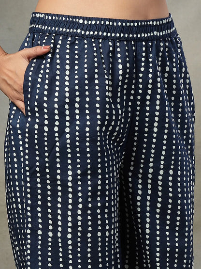 Navy Blue Floral Print Cotton Straight Kurta Palazzo Dupatta Set