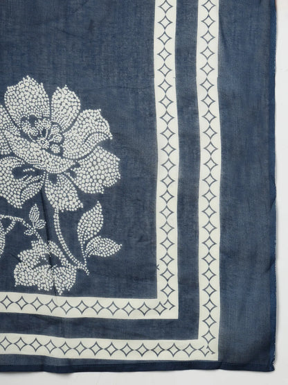 Navy Blue Floral Print Cotton Straight Kurta Palazzo Dupatta Set