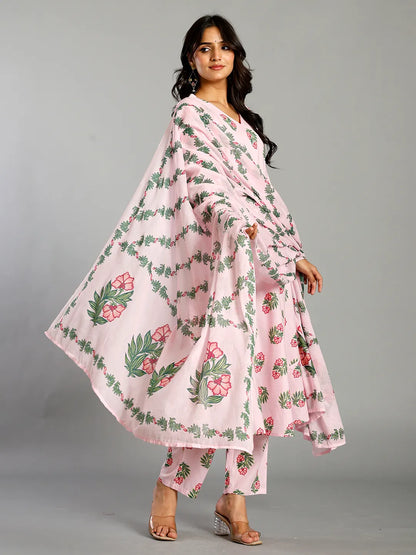 Light Pink Block Print Cotton A-Line Maternity Kurta Trouser Dupatta Set