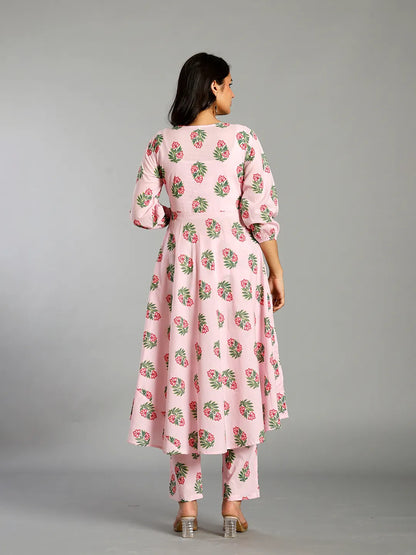 Light Pink Block Print Cotton A-Line Maternity Kurta Trouser Dupatta Set