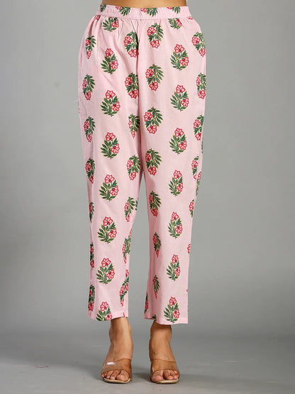 Light Pink Block Print Cotton A-Line Maternity Kurta Trouser Dupatta Set