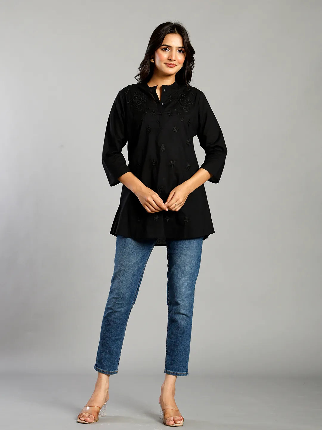 Black Regular Style Top Design Embroidered