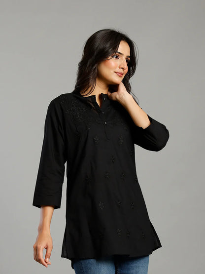 Black Regular Style Top Design Embroidered