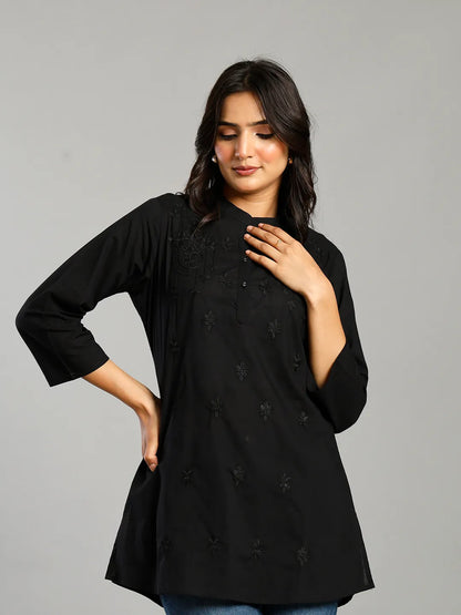Black Regular Style Top Design Embroidered