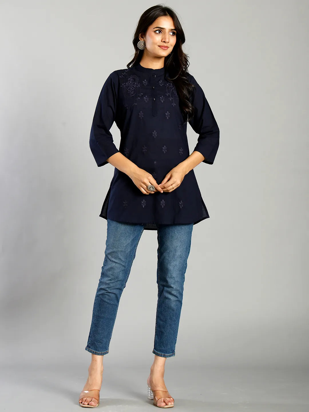Navy Blue Regular Style Top Design Embroidered