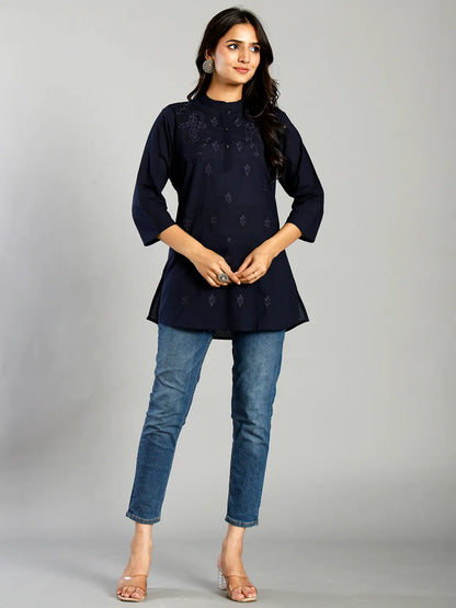 Navy Blue Regular Style Top Design Embroidered