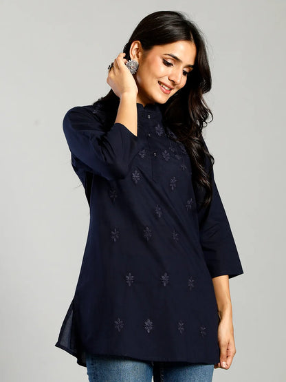 Navy Blue Regular Style Top Design Embroidered