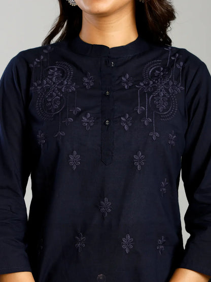 Navy Blue Regular Style Top Design Embroidered