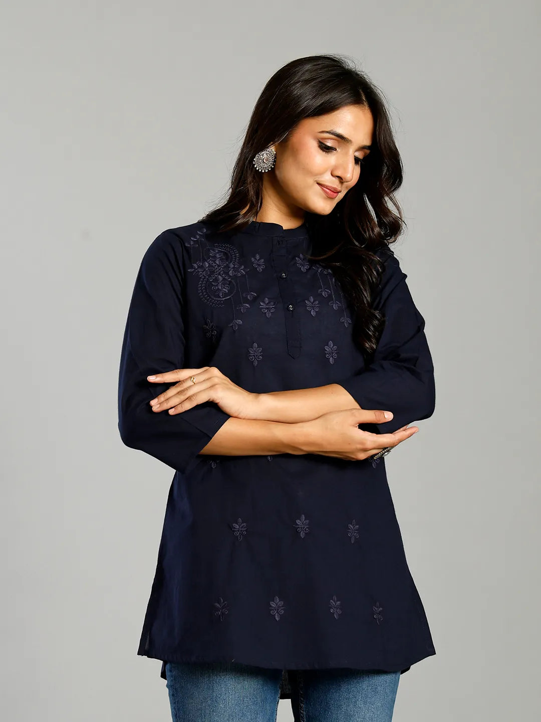Navy Blue Regular Style Top Design Embroidered