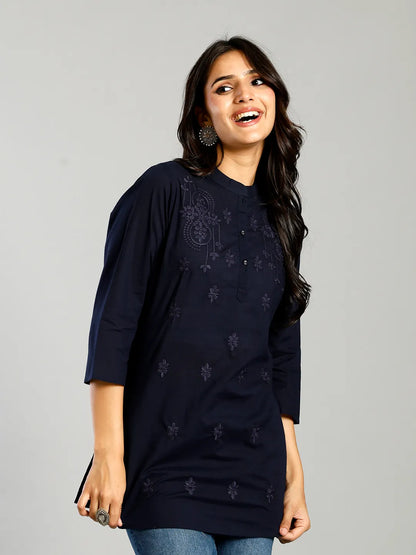 Navy Blue Regular Style Top Design Embroidered