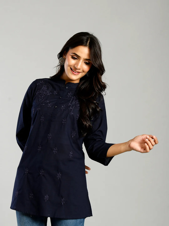 Navy Blue Regular Style Top Design Embroidered