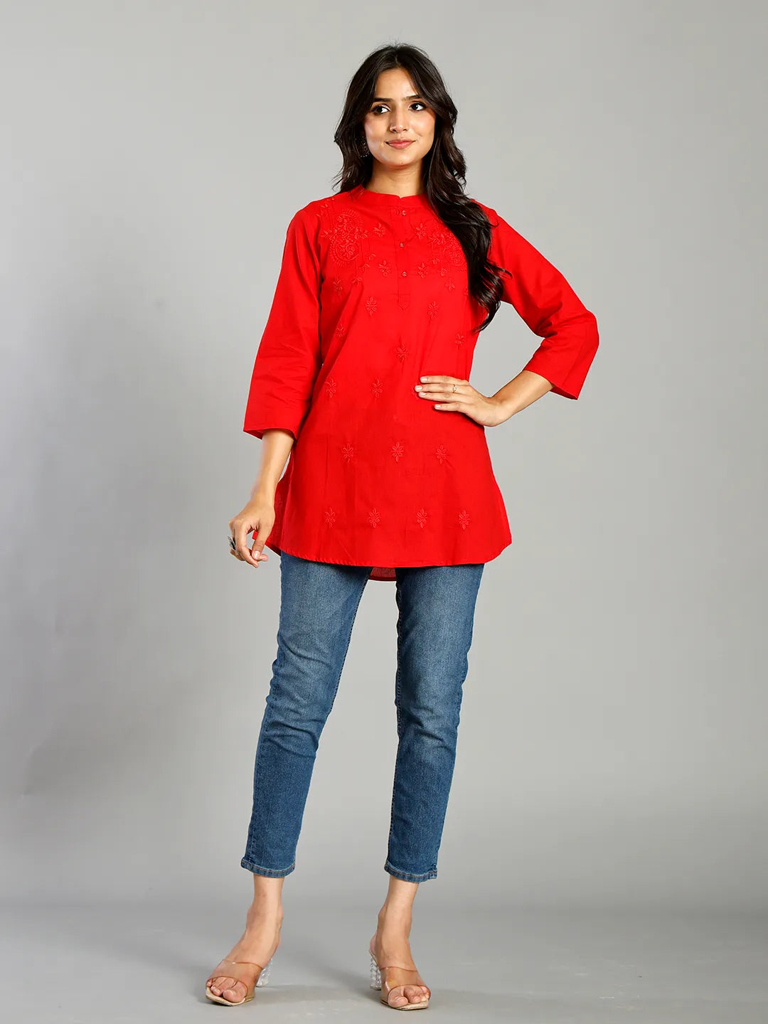 Red Regular Style Top Design Embroidered
