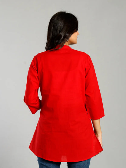 Red Regular Style Top Design Embroidered