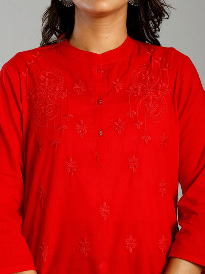 Red Regular Style Top Design Embroidered