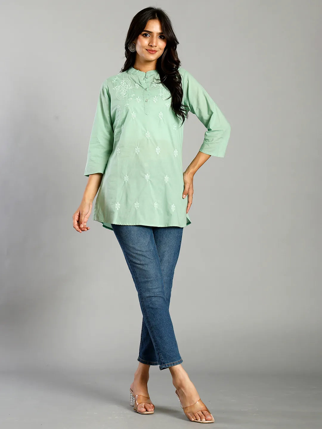 Sea Green Regular Style Top Design Embroidered