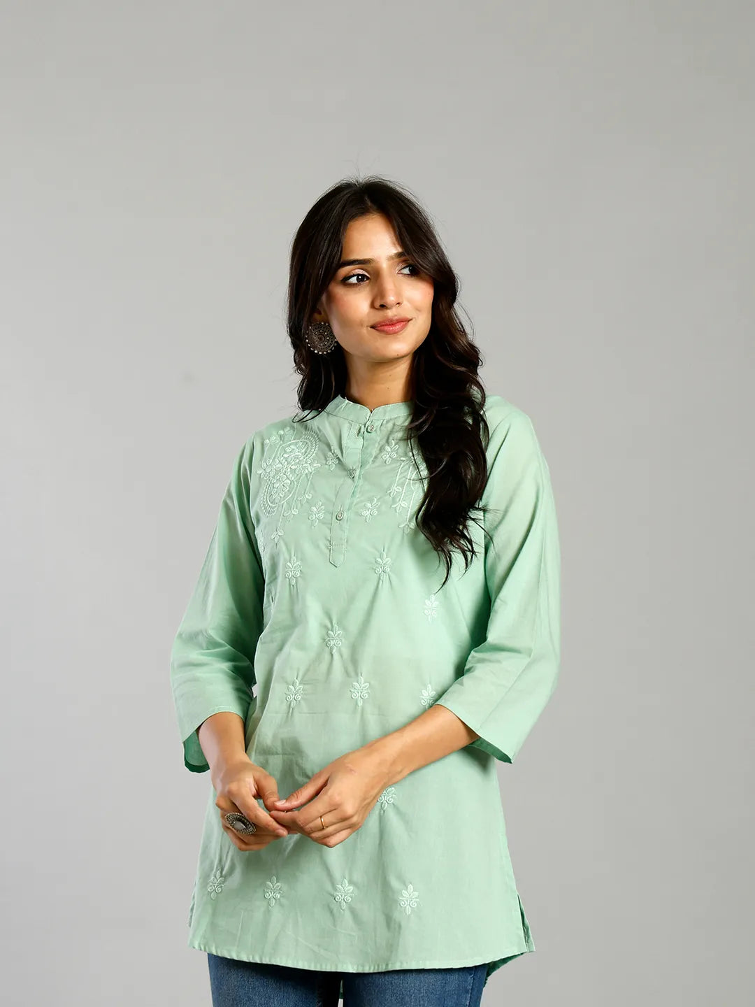 Sea Green Regular Style Top Design Embroidered