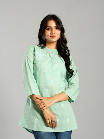 Sea Green Regular Style Top Design Embroidered