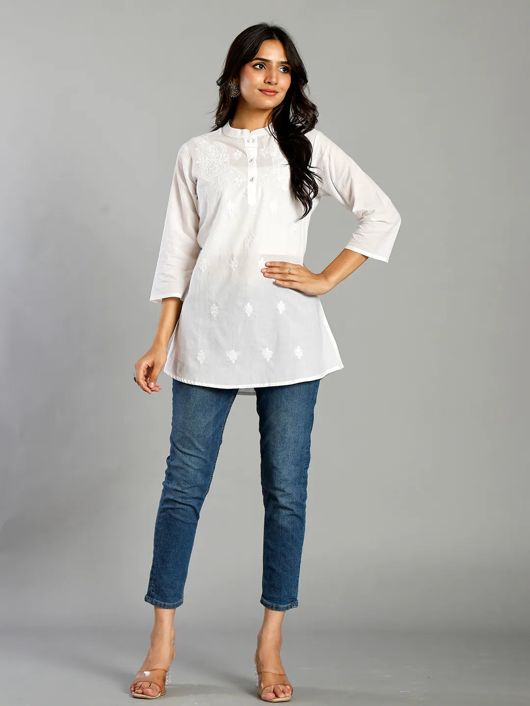 White Regular Style Top Design Embroidered