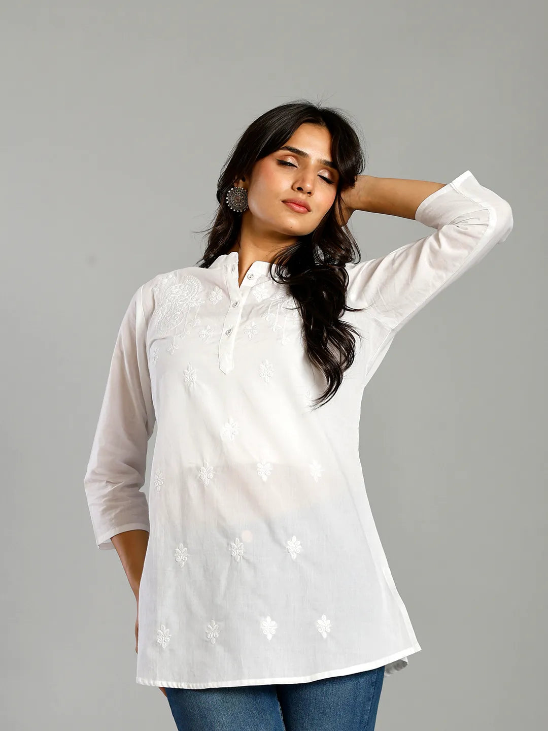 White Regular Style Top Design Embroidered